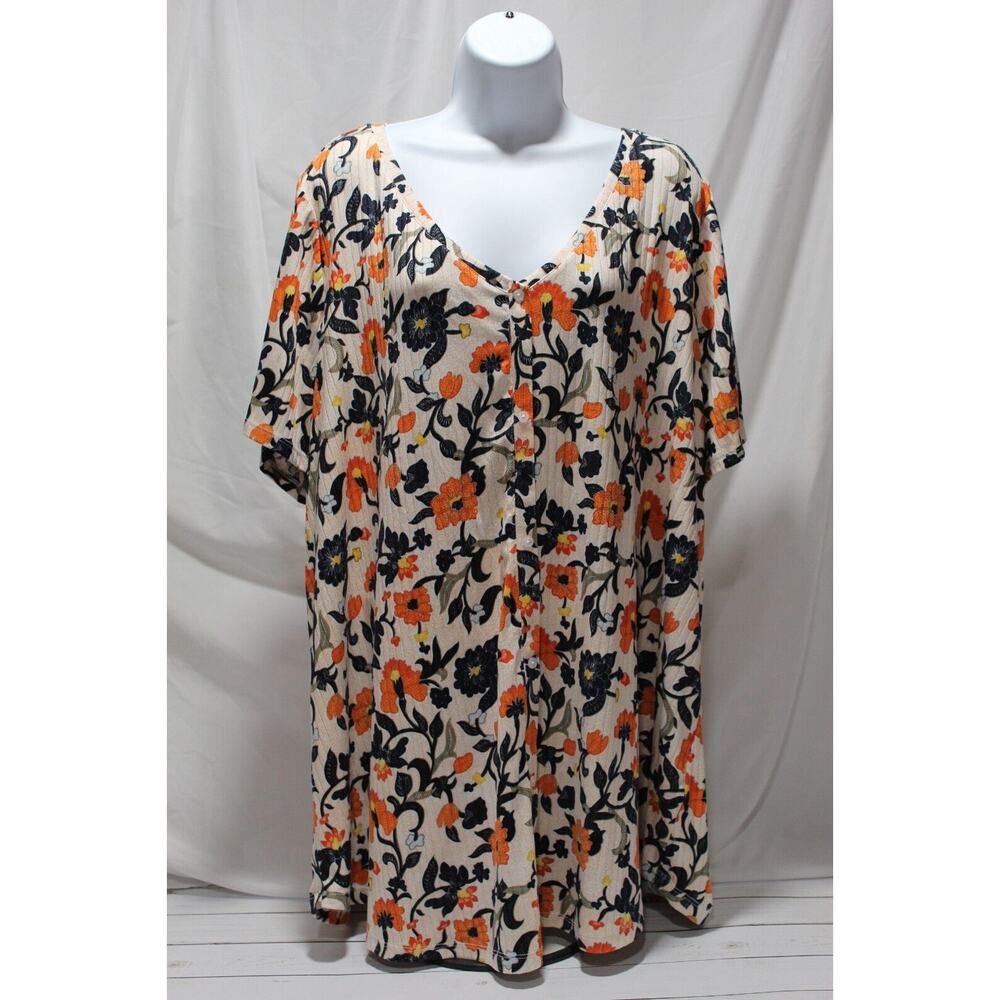 Lane Bryant Women's 26/28L Orange Floral Print Ribbed Tunic Pop-over Top S/S